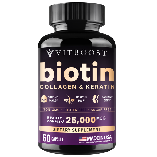 Biotin with Hyaluronic Acid, Collagen and Keratin – 25000 mcg Hair Growth Vitamins for Men and Women – Nails and Skin, USA Made, B1, B2, B3, B6, B7 Complex - 60 Capsules