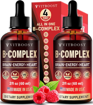 Vitamin B Complex Supplement with 20000 mcg - Extra Strength for Men and Women - Vegan| Raspberry Liquid Drops| USA Made, B1, B2, B3, B5, B6, Biotin, Folic Acid & B12 Methylcobalamin | 4 Months Supply