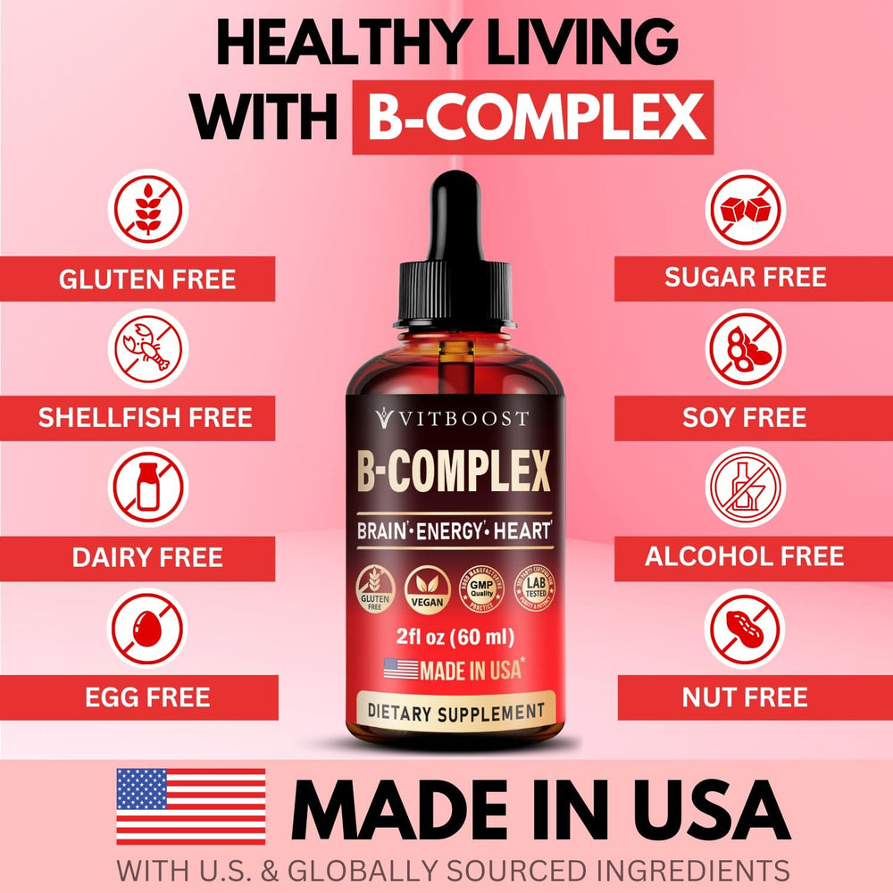 Vitamin B Complex Supplement with 20000 mcg - Extra Strength for Men and Women - Vegan| Raspberry Liquid Drops| USA Made, B1, B2, B3, B5, B6, Biotin, Folic Acid & B12 Methylcobalamin | 4 Months Supply